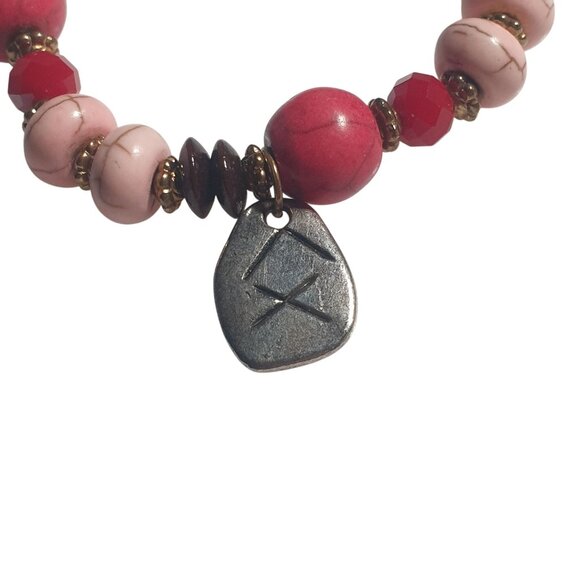 Red Pink Beaded Stretch Bracelet Charm Pendant Runic Design Resin Metal Accents - Picture 2 of 4